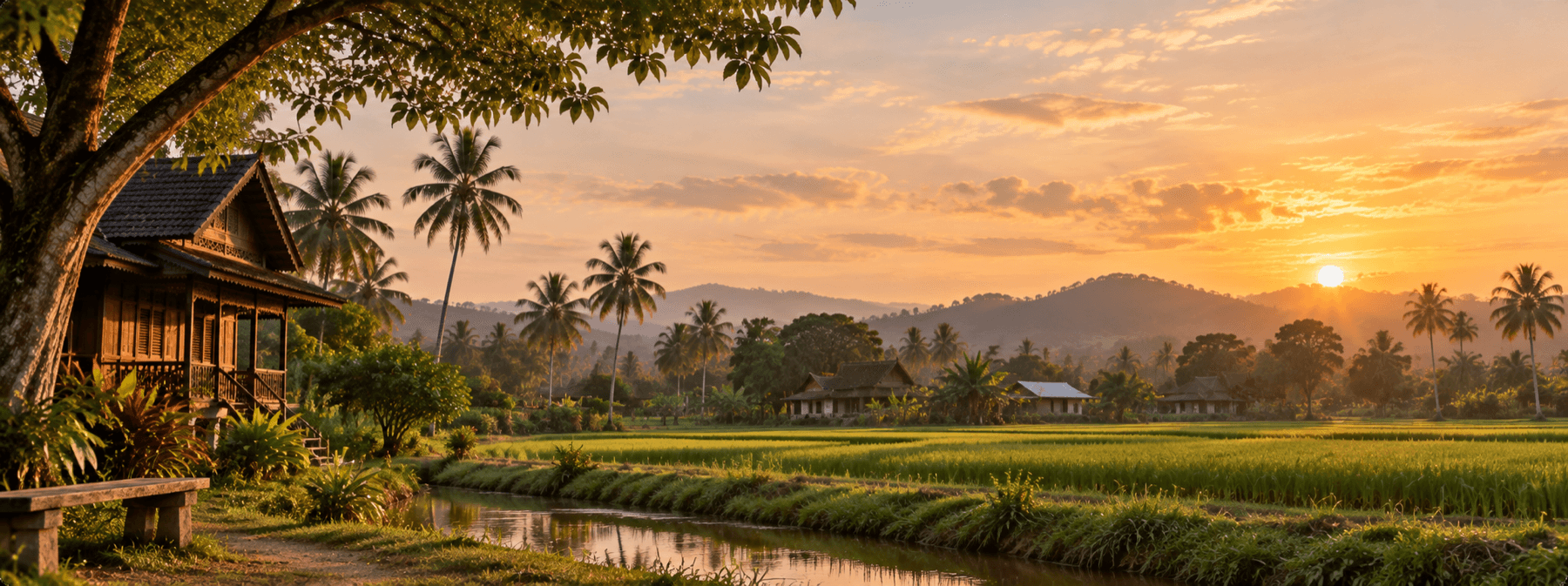 Lanskap kampung dengan sawah, rumah tradisional dan bukit pada waktu senja