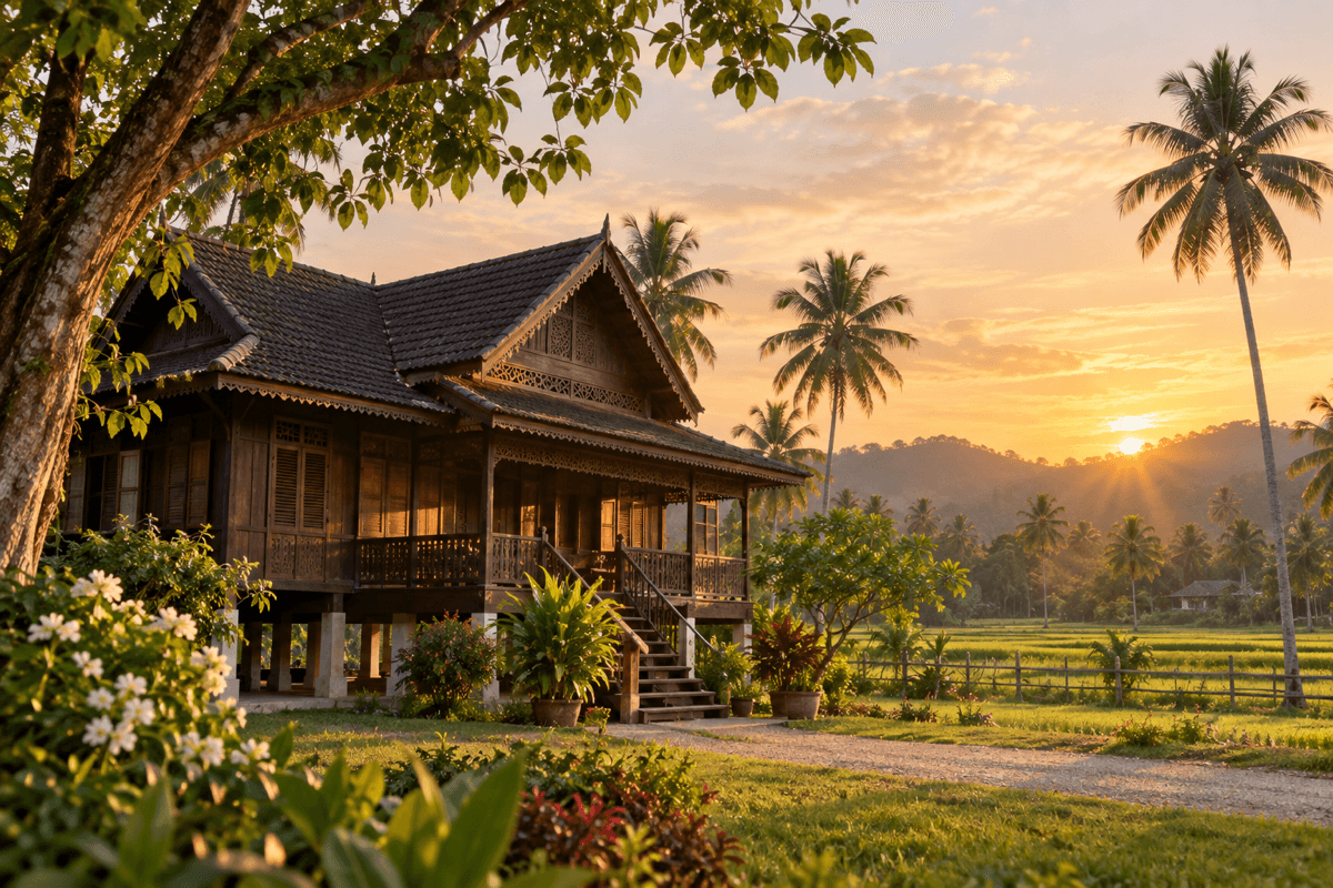 Rumah tradisional dan lanskap kampung pada waktu senja